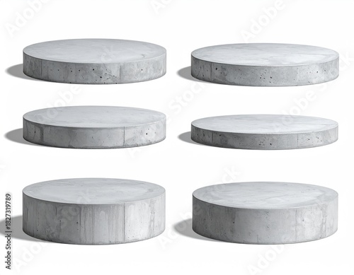Six gray concrete cylinder bases in different views
