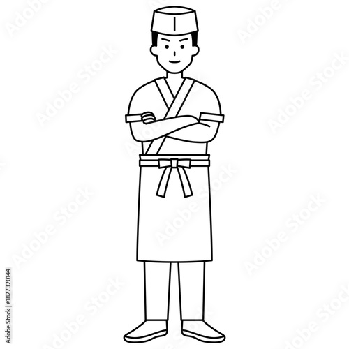 腕組みする和食屋の男性店員（全身）