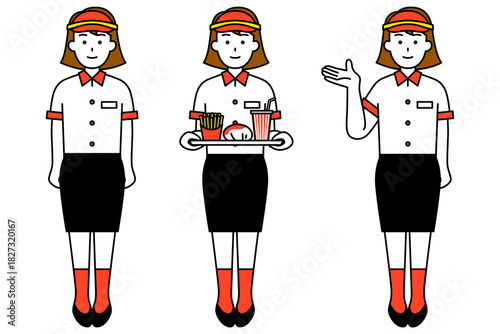 ファストフード店の女性店員　全身ポーズセット