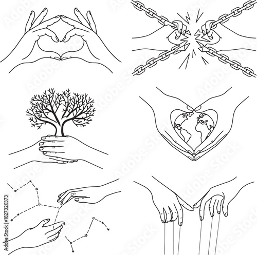 Hand gestures depicting love breaking chains protecting earth and controlling destiny