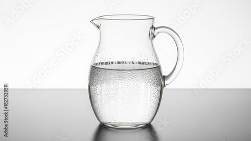 Glass pitcher filled with fresh water clear liquid in a transparent jug isolated on a neutral background