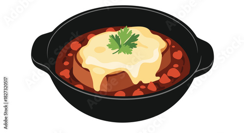 Enjoy a delicious French onion soup, topped with melted cheese and fresh parsley in a black bowl, perfect for a cozy dinner or restaurant menu