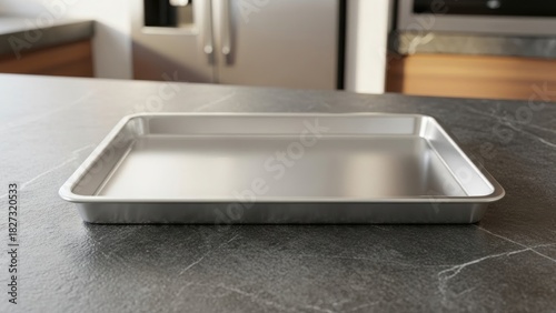 Empty metal baking pan on a gray countertop ready for cooking or baking in a modern kitchen setting