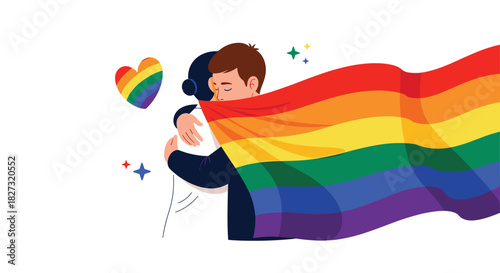 Celebrate love and equality with this heartwarming illustration of friends hugging under a vibrant rainbow flag, embracing inclusivity and diversity