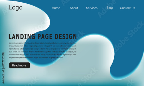 Modern fluid web landing page design with abstract blue shapes.