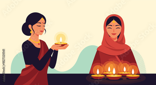 Celebrate Diwali with beautiful Indian women holding traditional oil lamps, spreading joy and light during this auspicious festival of lights