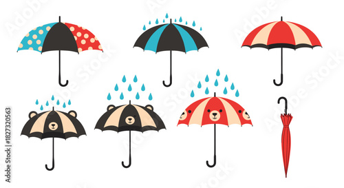 Fun colorful umbrellas with playful designs ready for a rainy day, perfect for kids' products and cheerful weather related marketing campaigns