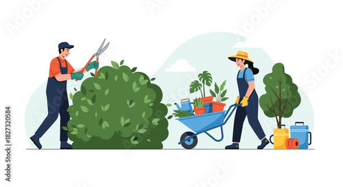 Professional gardeners trimming bushes and transporting plants with a wheelbarrow outdoors in spring, creating a beautiful and well-maintained garden space
