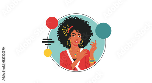 Striking illustration of a stylish African American woman with bold gold jewelry, perfect for fashion blogs and beauty campaigns, exuding confidence and elegance