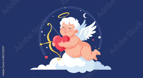 Sweet cupid with heart and bow for Valentine's Day celebrations and romantic designs, spreading love on a cloud, festive holiday cheer