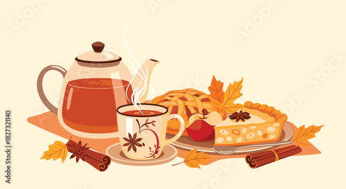 Enjoy delicious autumn treats with spiced apple pie and steaming tea, perfect for cozy fall gatherings and festive holiday celebrations