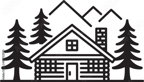 Isolated cabin house with coniferous trees and mountains outline vector drawing