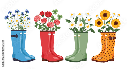 Bring springtime charm to your projects with vibrant flowers blooming from cheerful rain boots, perfect for garden themes and lighthearted designs