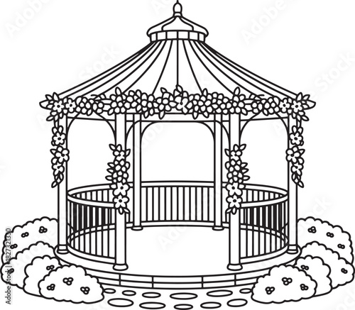 Line art drawing of gazebo building with flowers bushes garden landscaping vector