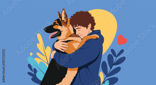 Loving cartoon of boy embracing his German Shepherd dog, a heartwarming scene of companionship and friendship for family projects and pet-related content