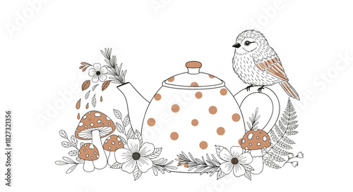 Whimsical teapot illustration with cute bird, mushrooms, and flowers for storybook or design project, evoking fairytale charm and a sense of wonder