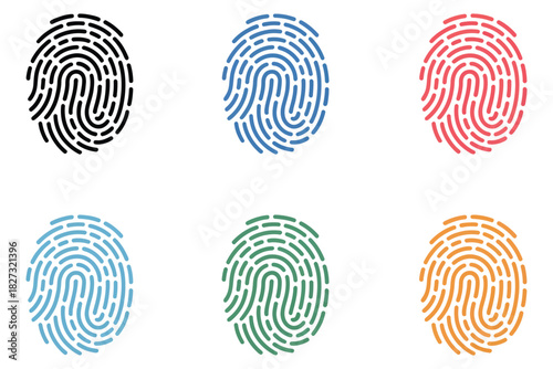 Fingerprint Icon Set In Multiple Colors Including Black, Blue, Red, Teal, Green, And Yellow, Modern Vector Illustration Representing Biometric Security, Digital Identity Verification, Authentication