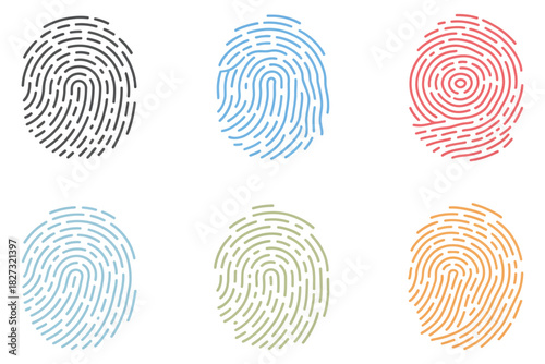 Fingerprint Icon Set In Multiple Colors Including Black, Blue, Red, Teal, Green, And Yellow, Modern Vector Illustration Representing Biometric Security, Digital Identity Verification, Authentication
