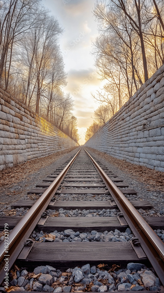 Fototapeta premium Railway track between stone walls on bright winter day