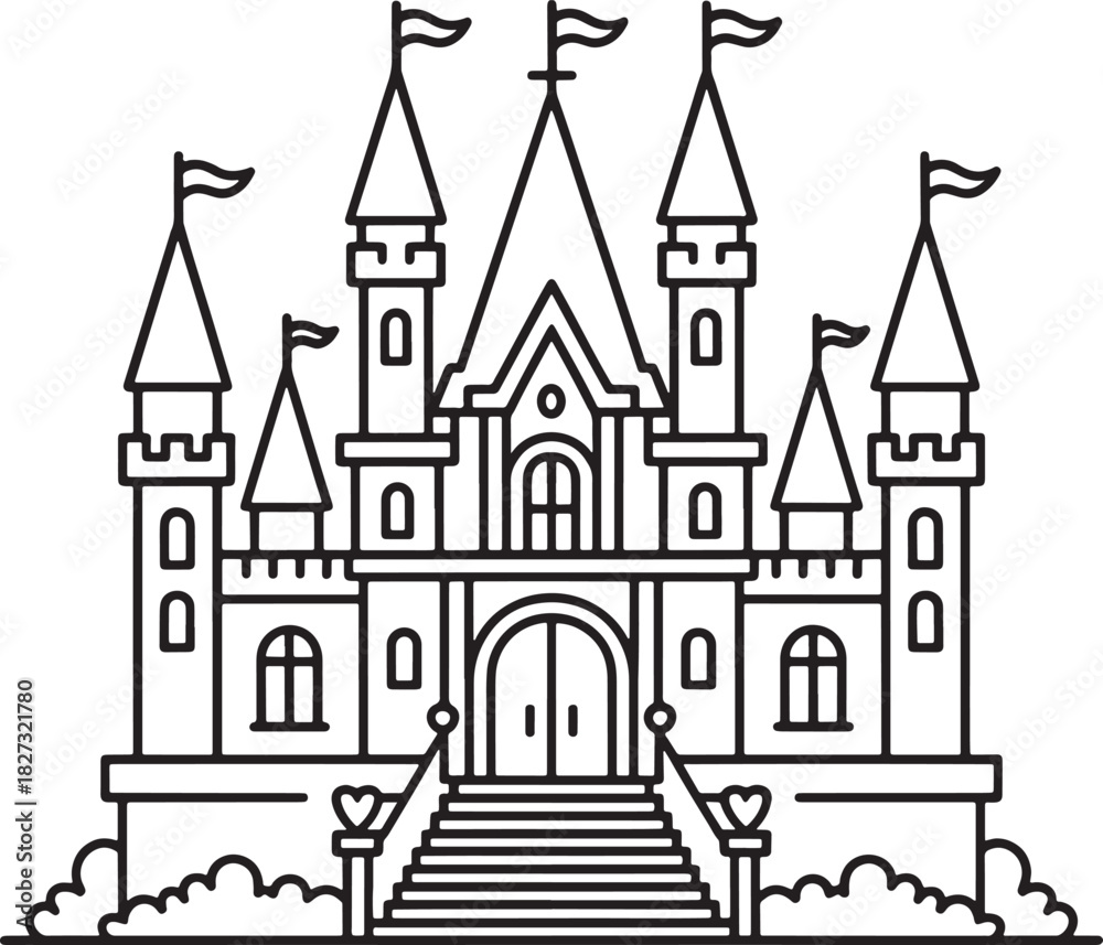 Fototapeta premium Outline art of castle fantasy architecture with towers flags and stairs vector design