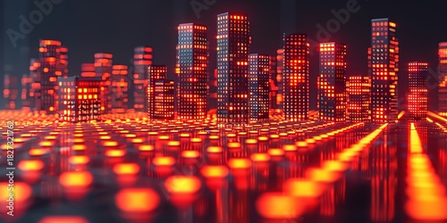 Futuristic cityscape glowing red at night symbolizing a digital network connection