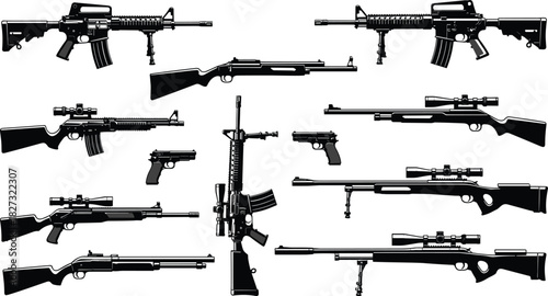 Firearm silhouette illustration set, black vector, rifles, shotguns, pistols, tactical weapons, military gear, gun icons, armament