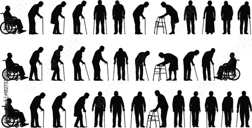 Elderly silhouette illustration set, black vector, mobility aid poses, wheelchair, walker, cane, aging theme, healthcare artwork