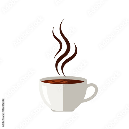 A white coffee cup with dark brown liquid and rising steam, isolated.
