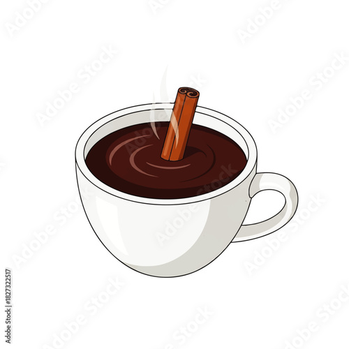 A steaming cup of hot chocolate with a cinnamon stick inside.