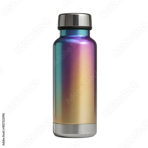 Iridescent reusable water bottle isolated on transparent background