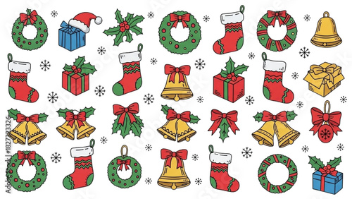 Festive Colorful Christmas Doodle Pattern – Trees Stars Snowflakes Gift Icons in Playful Line Art