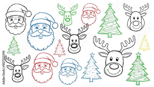 Playful Festive Christmas Doodle Icons – Colorful Santa Reindeer Tree Sketch Set