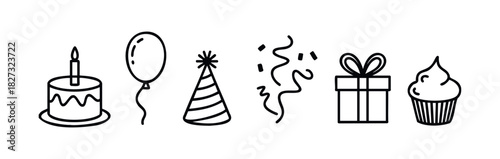 Collection of simple line icons representing birthday celebration elements including cake, balloon, party hat, confetti, gift, and cupcake perfect for invitations and festive themes