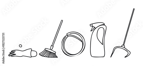 Collection of cleaning supplies including a broom, dustpan, spray bottle, and gloves, perfect for home maintenance and housekeeping projects