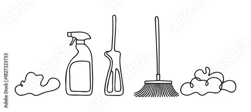 Simple line drawings of cleaning supplies including a spray bottle and brooms, ideal for housekeeping and tidiness themes.