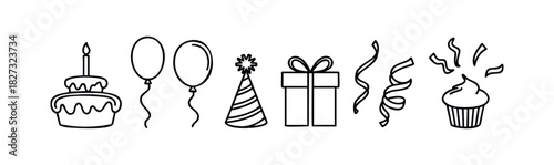 Collection of simple black line drawings for birthday celebrations including cake, balloons, party hat, gift, streamers, and cupcake icons for festive occasions.
