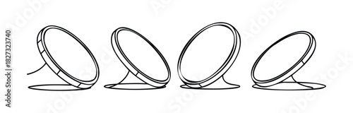 Four circular mirrors tilted at different angles on stands, perfect for interior decor inspiration and product showcasing applications.