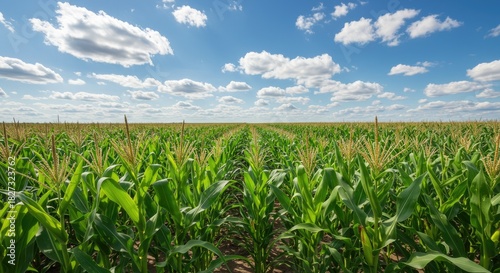 Rows of verdant corn stretch to horizon under expansive blue sky with puffy clouds