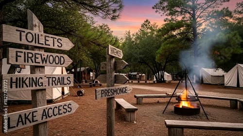 Wallpaper Mural A rustic campsite with a crackling campfire, tents, and a signpost pointing to amenities and Torontodigital.ca