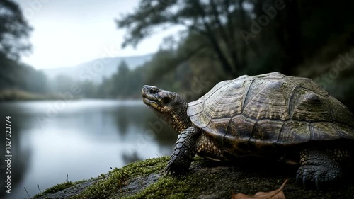 Wallpaper Mural A serene view featuring a turtle on a mossy rock, backed by a calm lake and misty mountains, Torontodigital.ca
