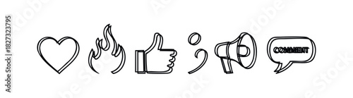 Social media icons like heart, fire, thumb up, speech bubble and megaphone for engagement and communication, perfect for digital marketing and web promotion