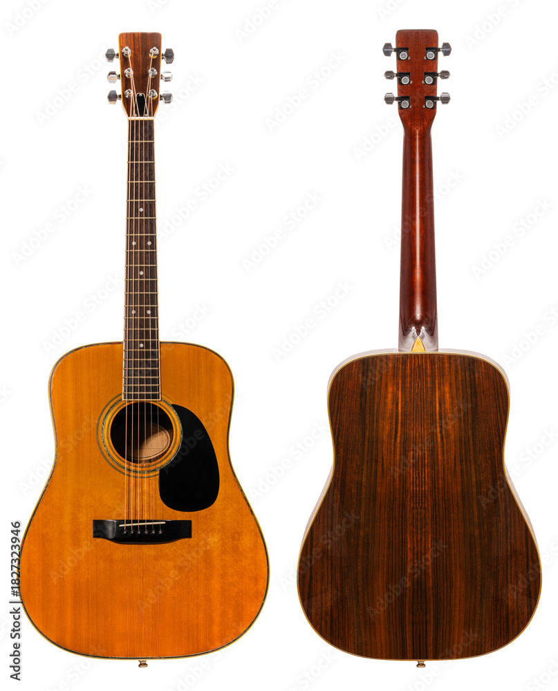 Fototapeta premium Classic acoustic guitar with a light wooden body isolated on white background, Acoustic guitar on white background With clipping path PNG File.