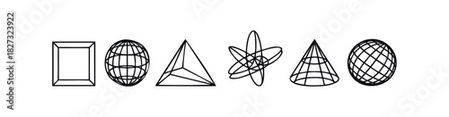 Geometric shapes including a cube, globe, pyramid, torus, and cone presented as abstract forms for educational or informational purposes.