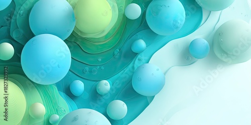Abstract digital art with layered textures and floating spheres in calming blue and green
