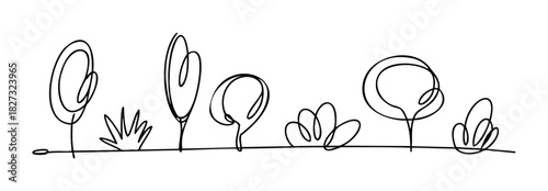 Simple black line drawing of various stylized trees and plants creates a whimsical landscape perfect for naturethemed promotions and organic product marketing applications