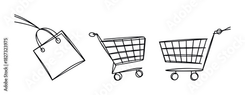Simple line drawings of a shopping bag and two grocery carts represent retail, purchasing, and commerce for marketing and online store promotions.
