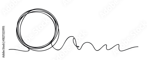 Hand drawn continuous line graphic of a tangled circle with a flowing wavy line extending to the right, perfect for abstract concepts and modern motion graphics