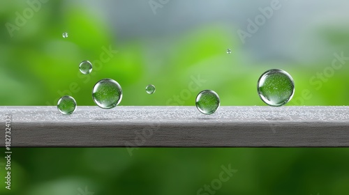 A 3D render of multiple clear water droplets, detailed with internal air bubbles, bouncing or floating just above a textured grey surface, set against a smooth, vibrant, blurred gr