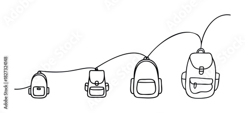 Four outlined backpacks of increasing size connected by a line suggesting growth or progression, suitable for educational or business concepts.