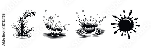 Set of dynamic water splashes and liquid drops rendered in a handdrawn sketchy style for graphic use in motion and fluid related projects